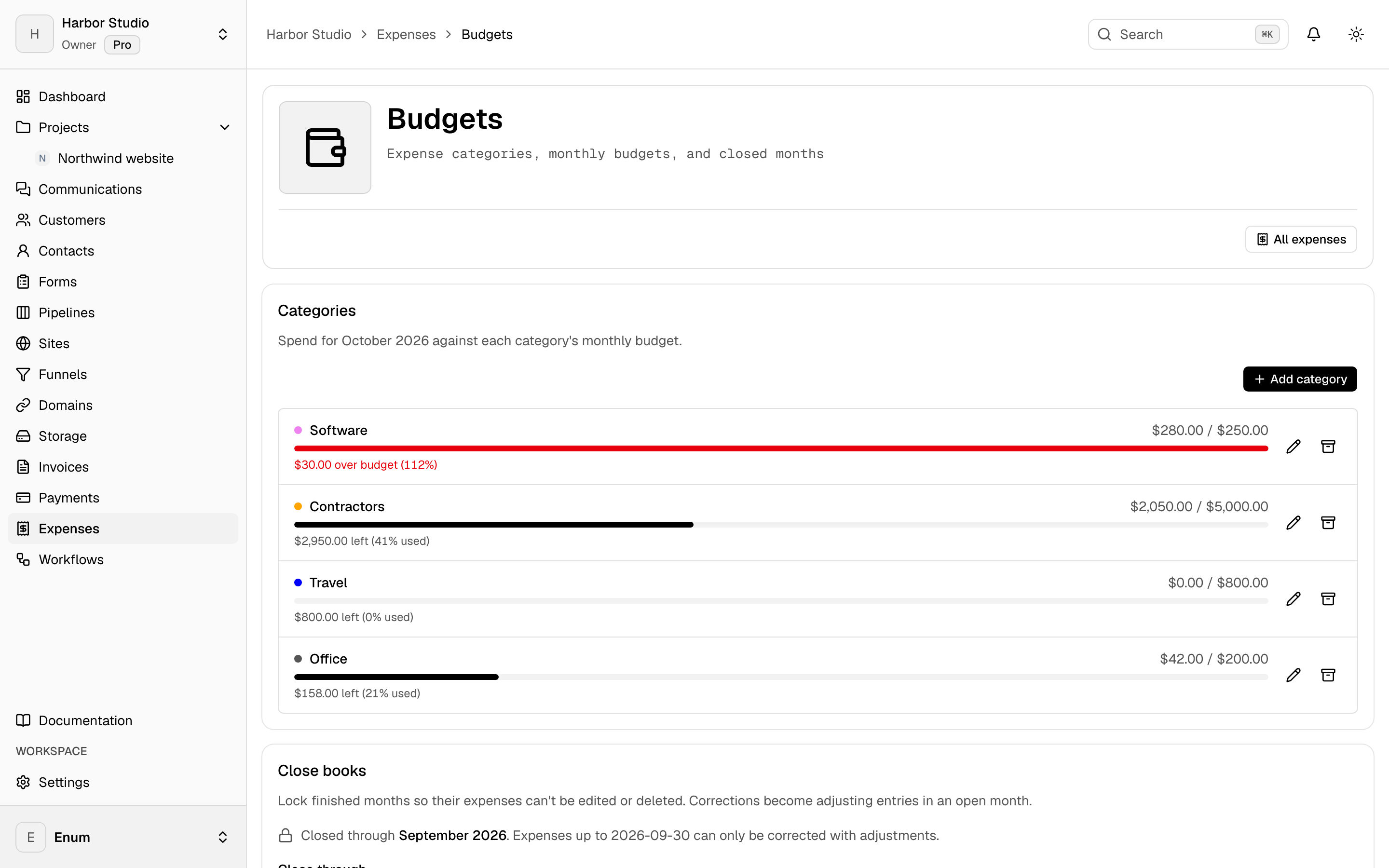 Harbor Studio expense budgets