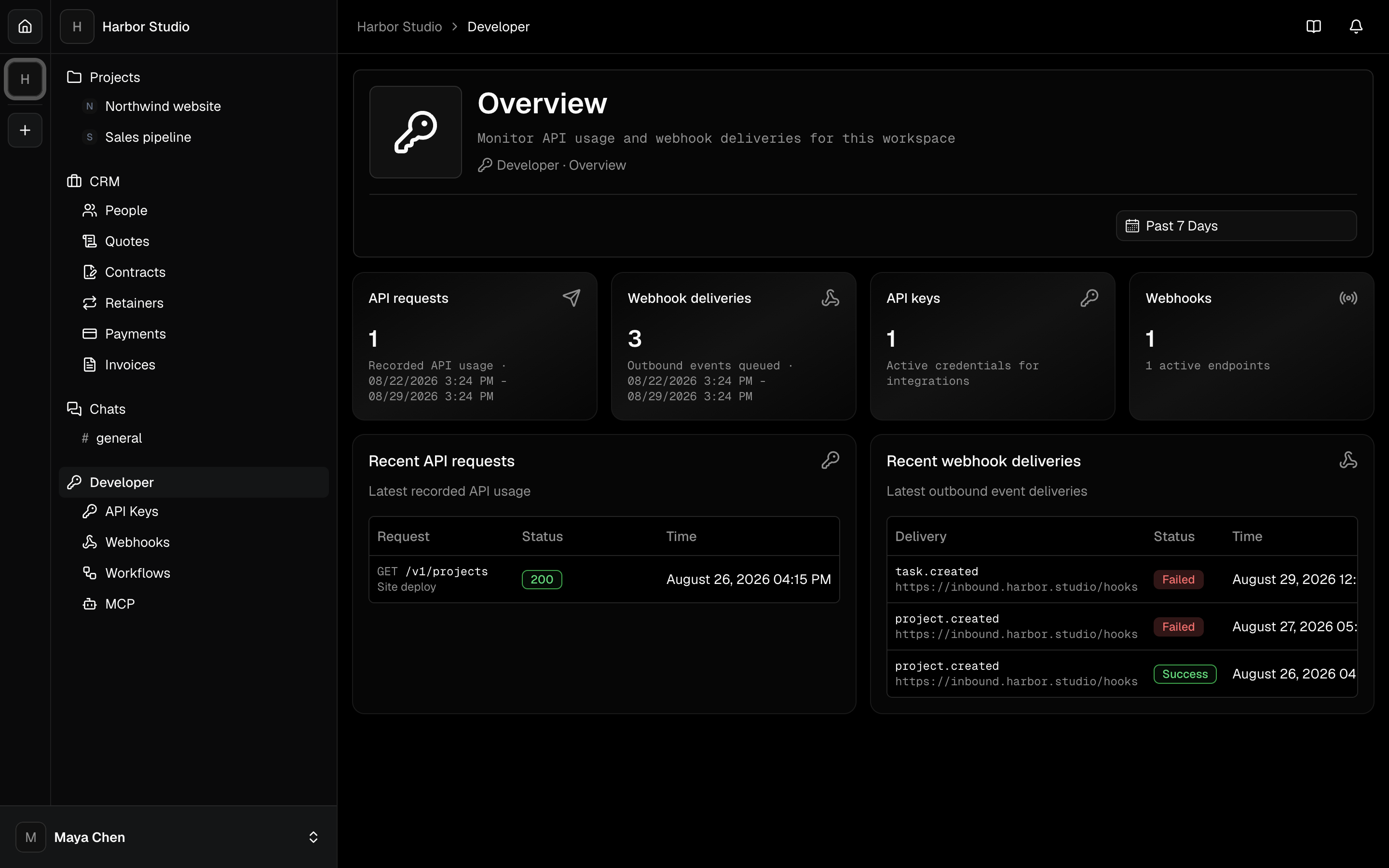 Harbor Studio developer hub with API usage and webhook deliveries