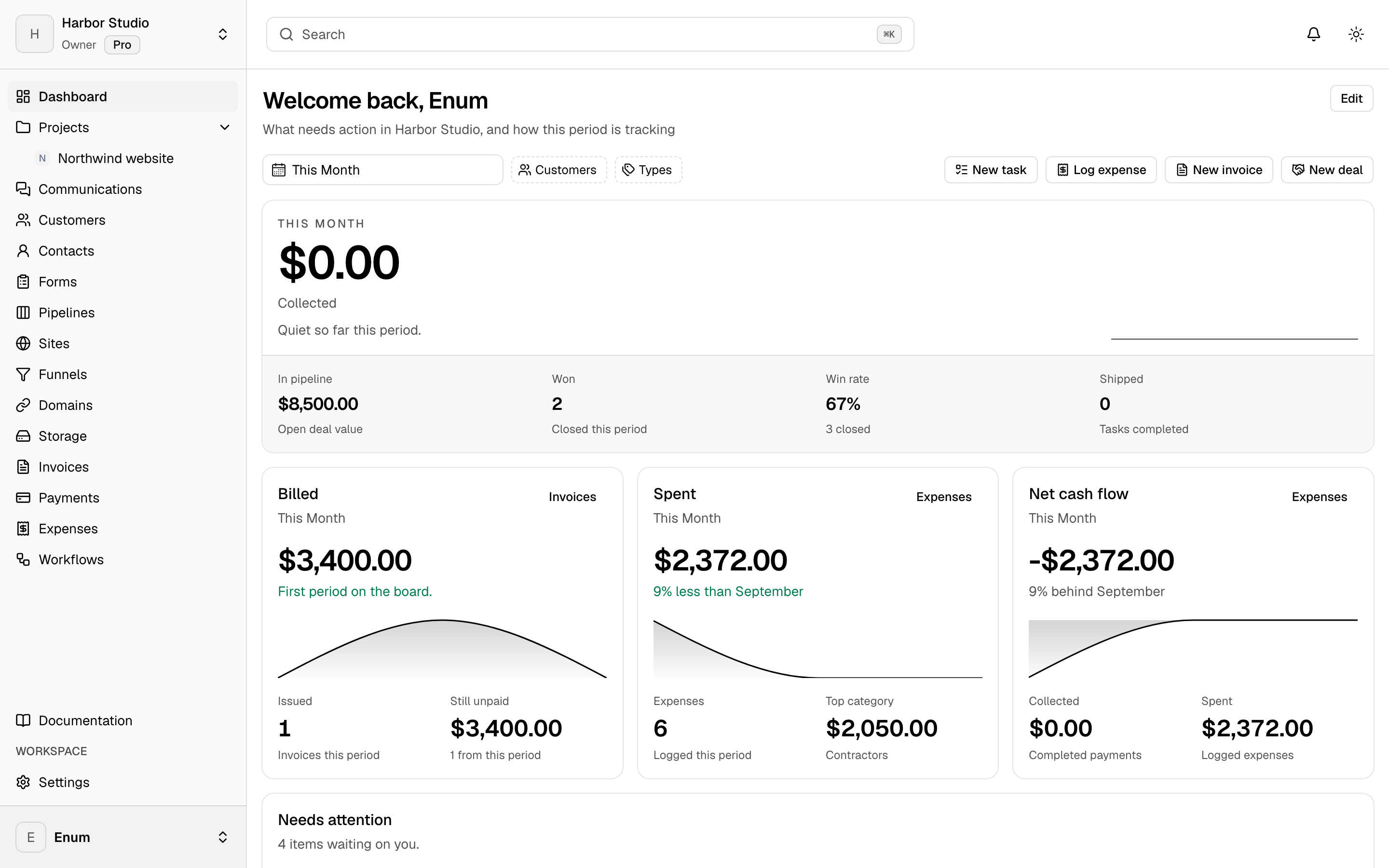 Harbor Studio home with assigned tasks, projects, and payments