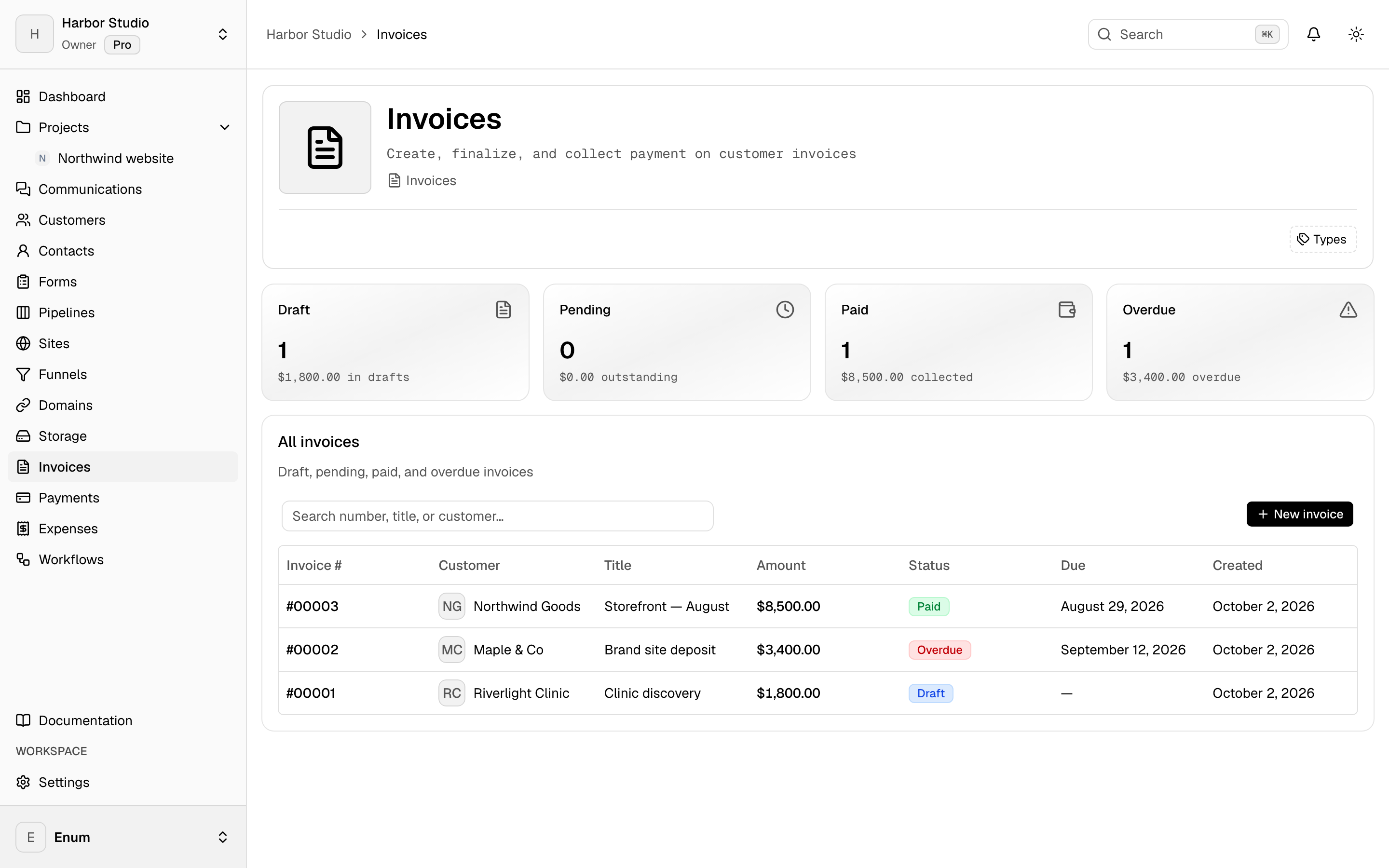 Invoices in Harbor Studio with draft, pending, and paid totals