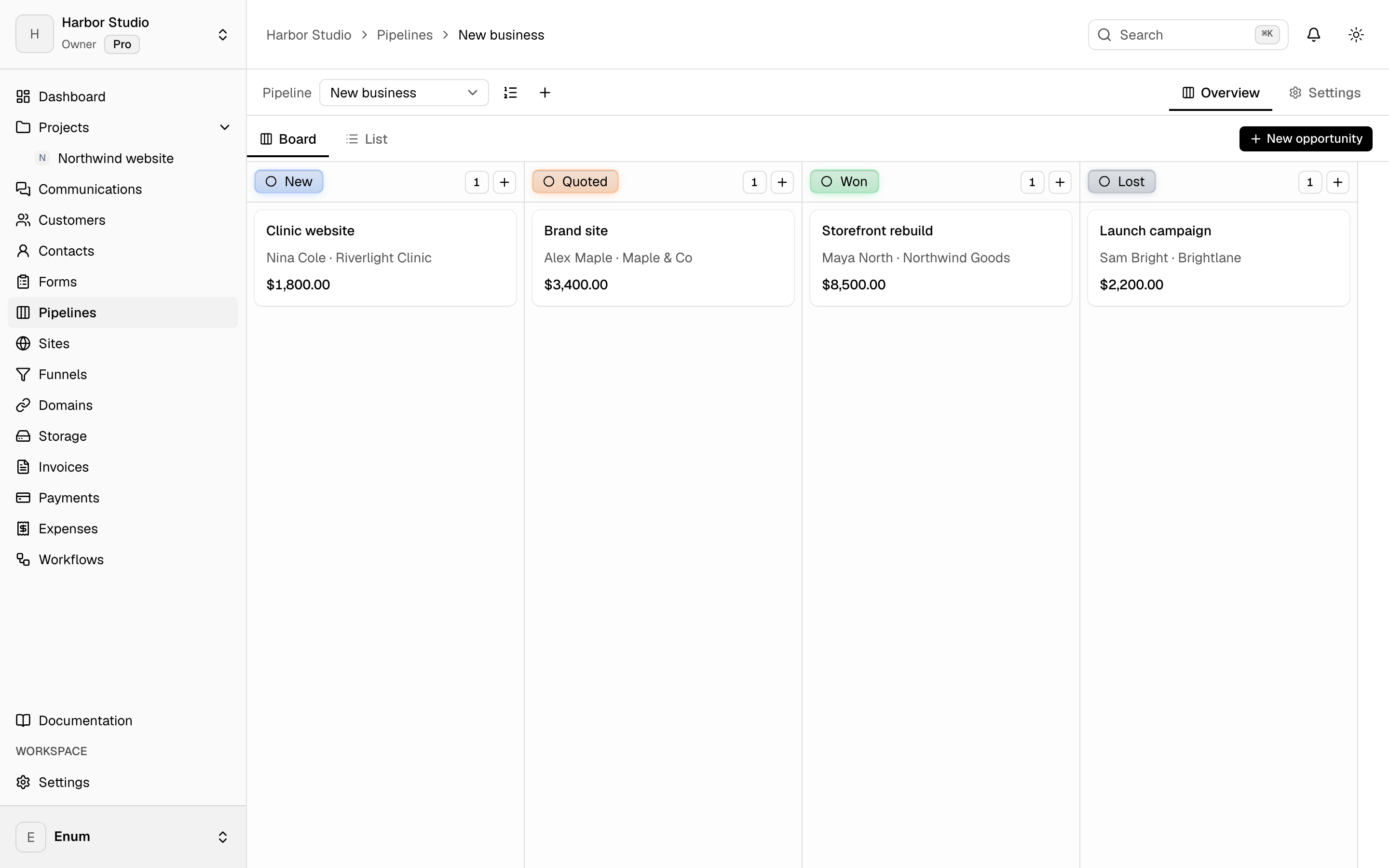 Sales pipeline board with New, Quoted, Won, and Lost
