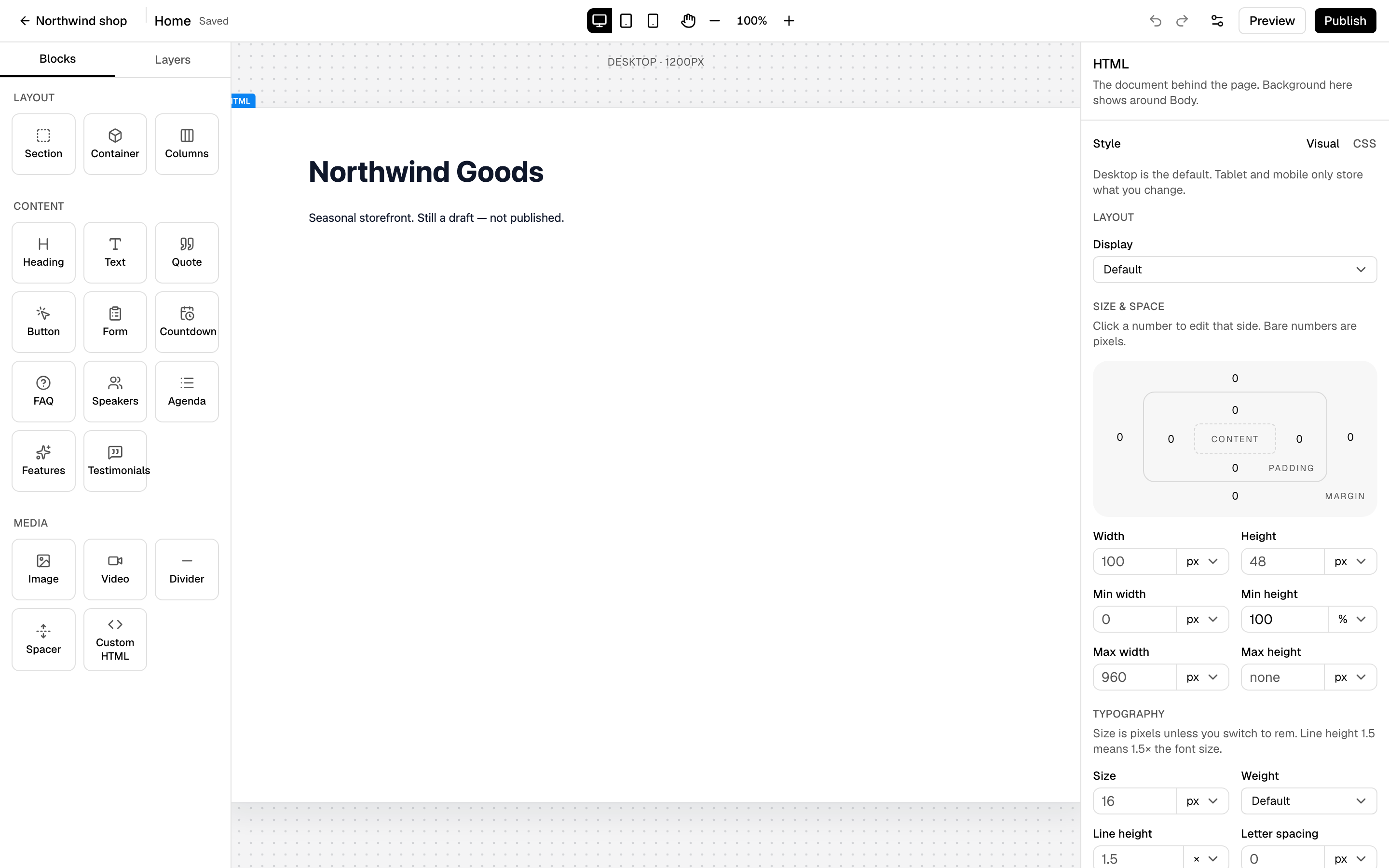 Harbor Studio site editor with the page on the canvas