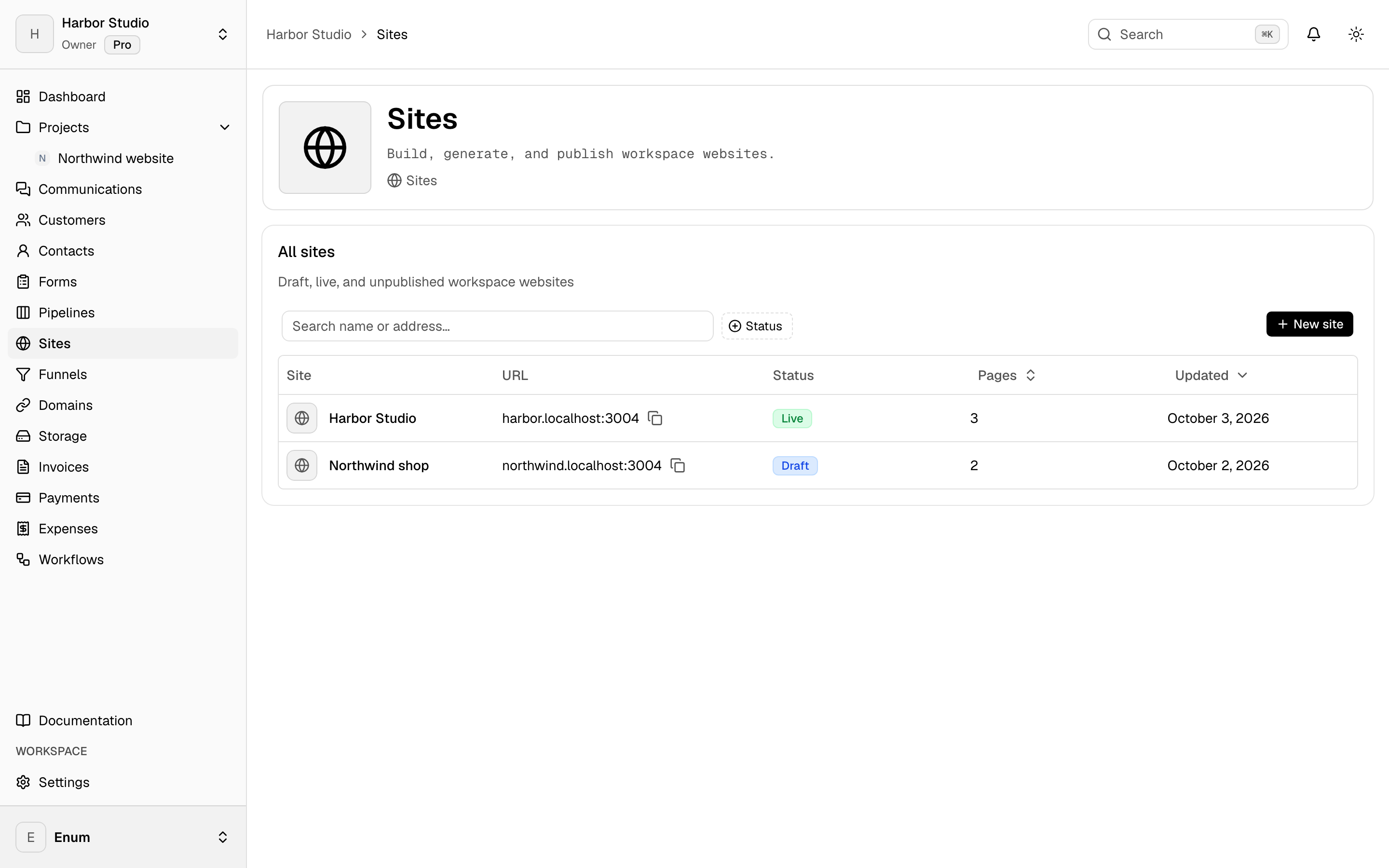 Harbor Studio sites list