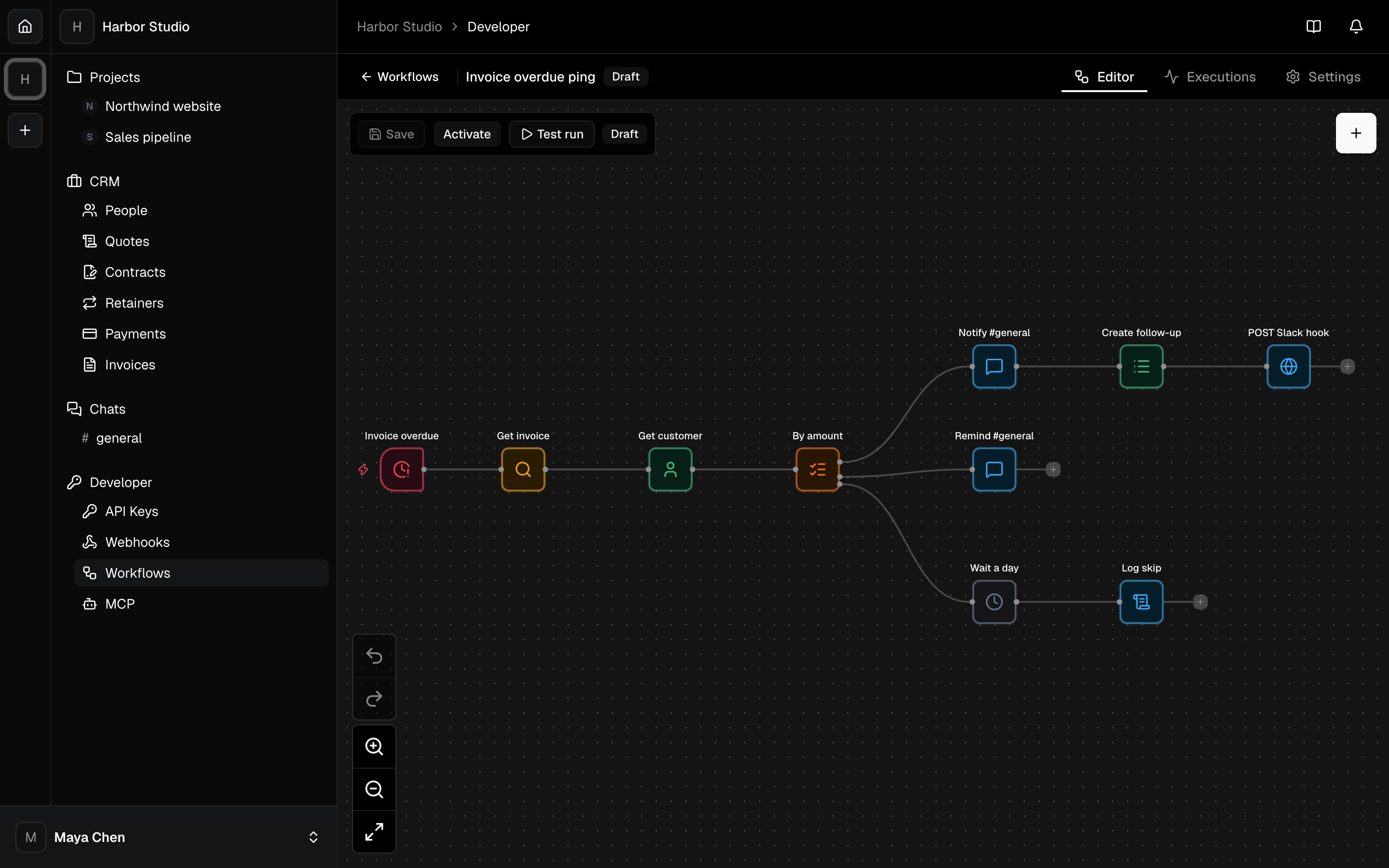 Invoice overdue ping workflow: get invoice, branch by amount, notify or wait