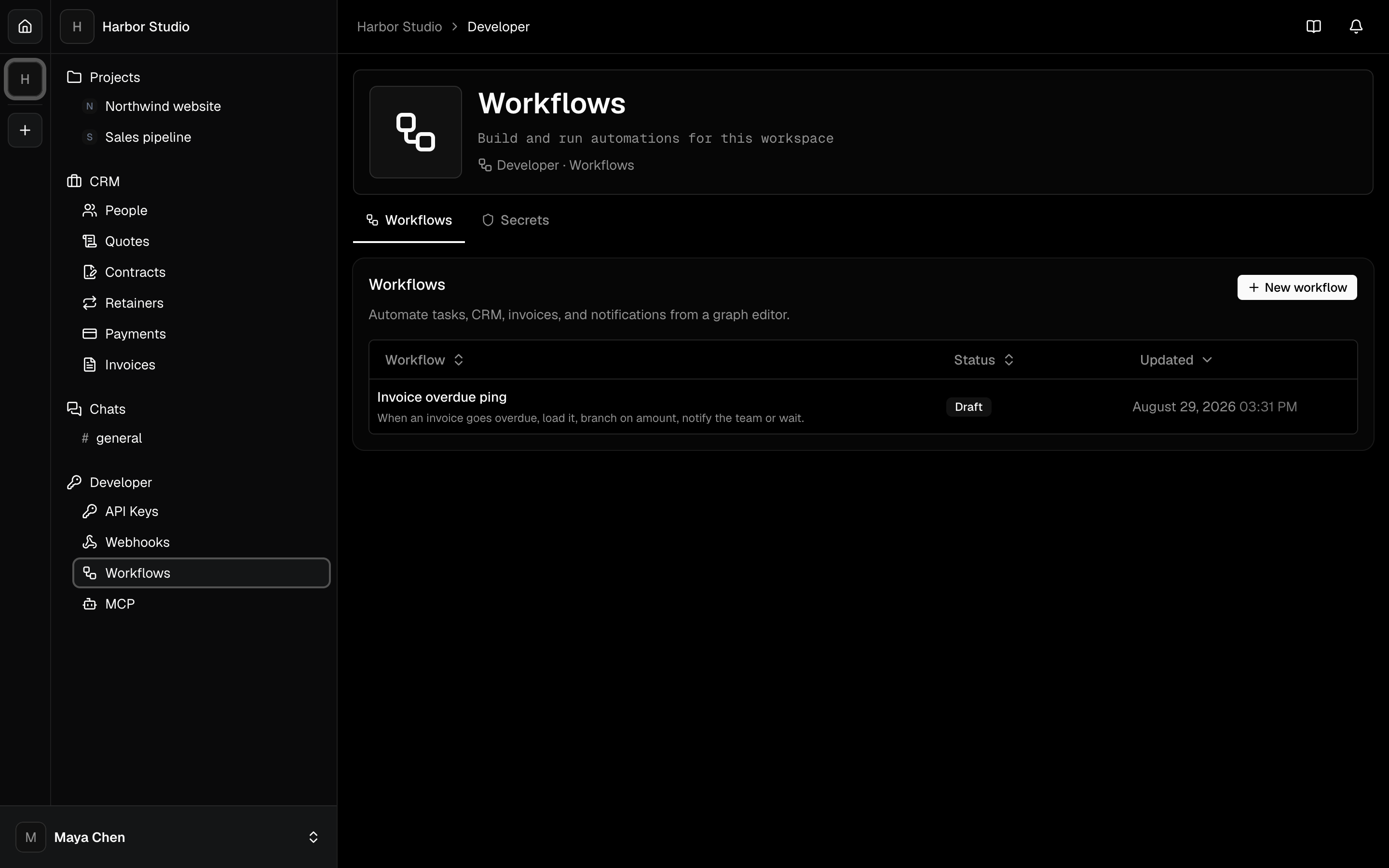 Harbor Studio workflows list with Invoice overdue ping in draft